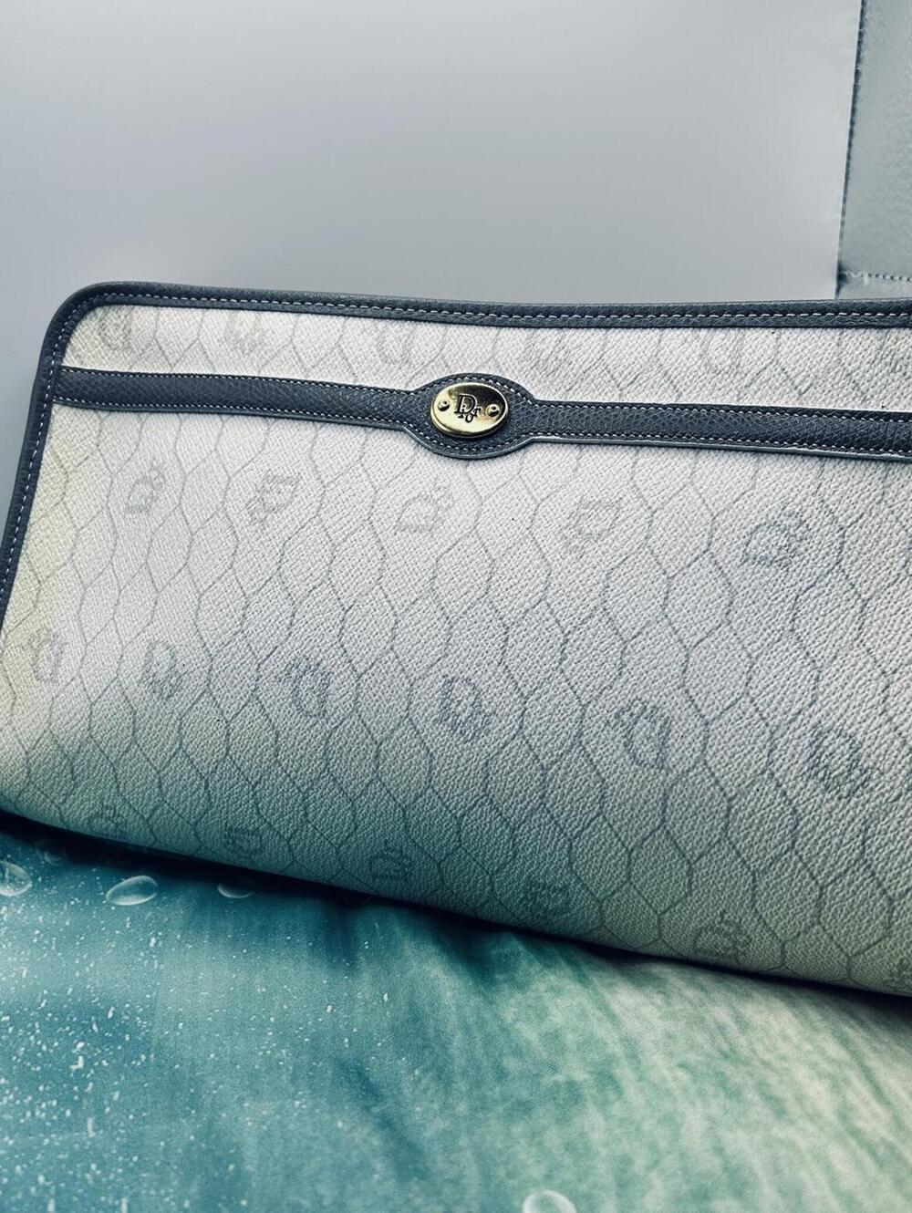 Vintage Christian Dior Honeycomb Canvas Cosmetic Bag/ Clutch – White/Grey